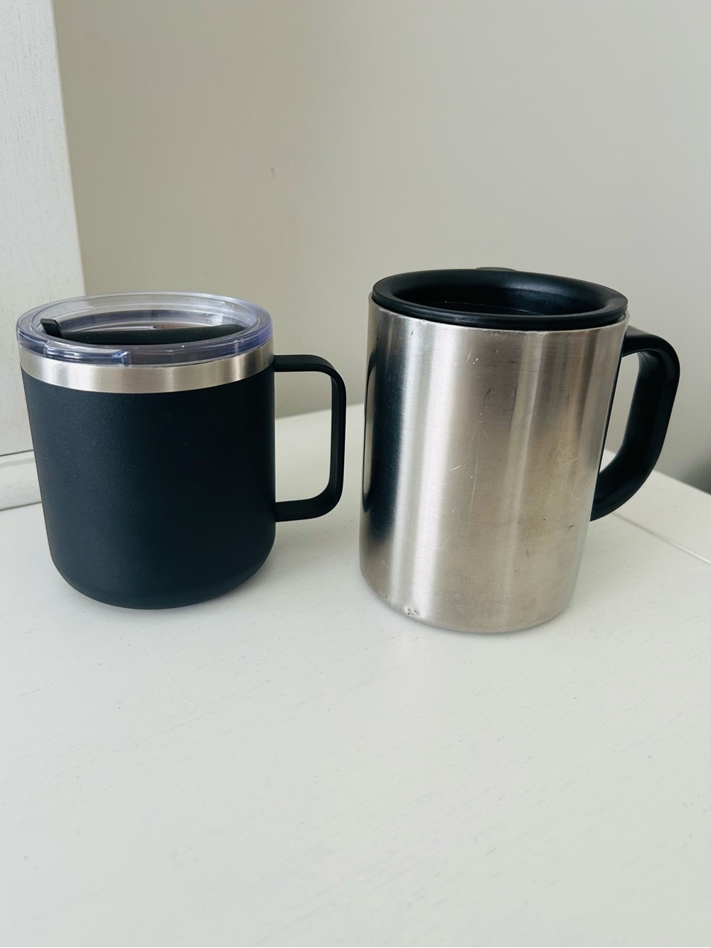 Stainless Steel and Black Insulated Travel Mugs - Set of 2 with tight lids